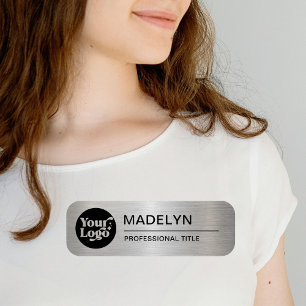 Employee Business Logo Metallic Silver Magnetic Name Tag