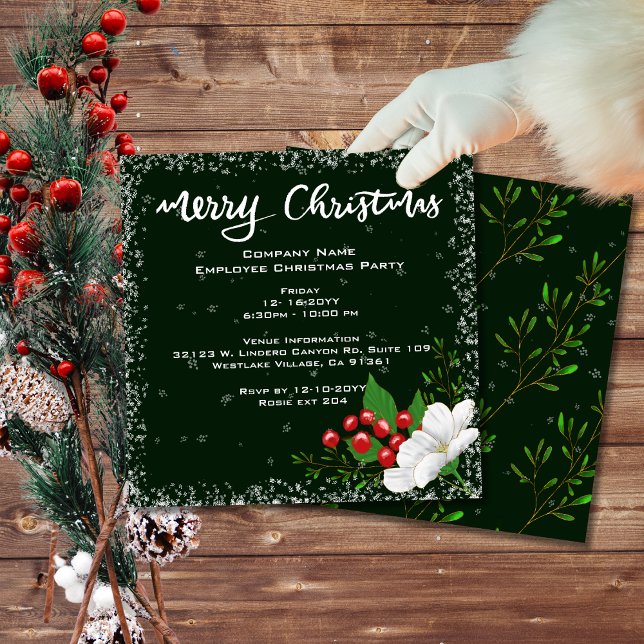 Employee Christmas Dark Green Red Berries Snow  Invitation (Creator Uploaded)