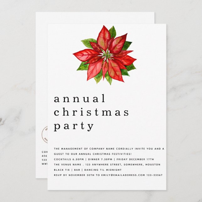 Employee Christmas Party Poinsettia Business Logo Invitation (Front/Back)