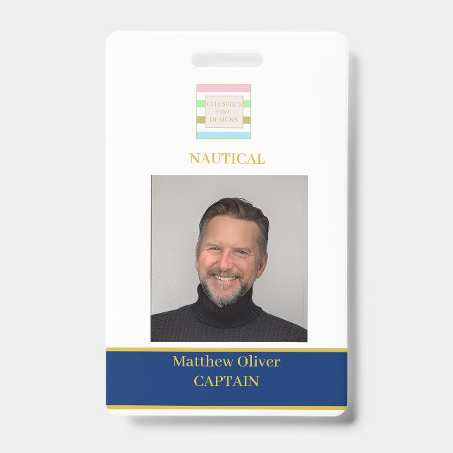 Employee Custom White Navy Photo Logo  ID Badge (Front)