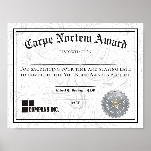 Employee engagement staying late award certificate poster (Front)