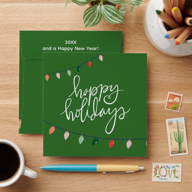 Employee Gift Card Holidays Add Logo Lights Green Envelope (Desk)