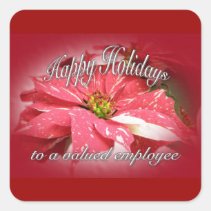 Employee Holiday Wishes Poinsettia on Red Square Sticker