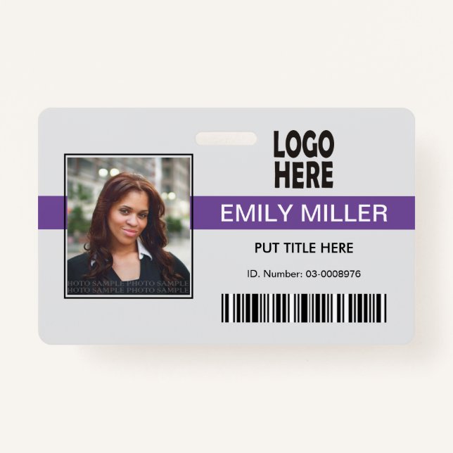 Employee ID logo barcode purple photo template ID Badge (Front)