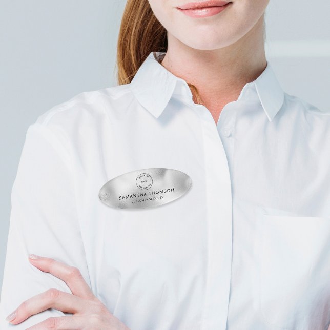 Employee Job Title Logo Silver Shimmer Name Tag (Creator Uploaded)