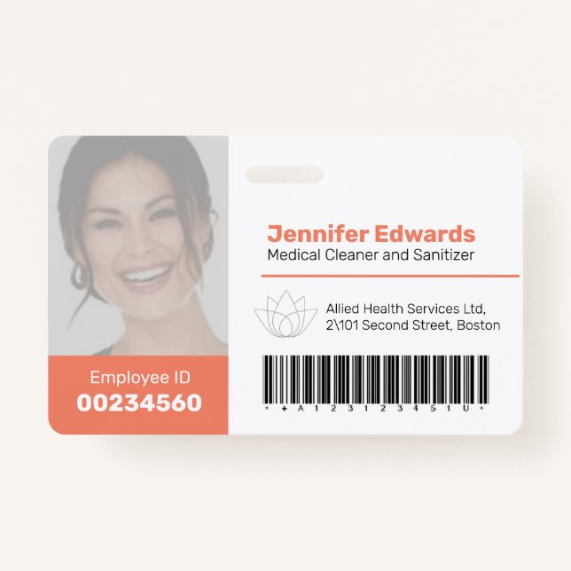 Employee large photo ID and barcode orange ID Badge (Front)