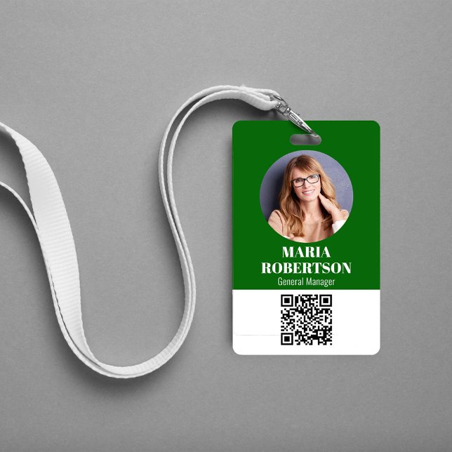 Employee Name Badge Minimalist Photo QR Code Green ID Badge (Simple business ID badge with a scannable QR code. )