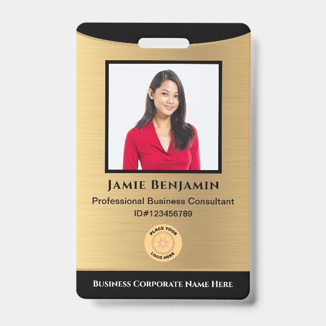 Employee Name Photo Bar Code Logo Gold Black ID Badge (Front)