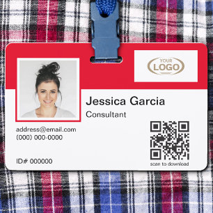 Employee Name Photo Company Logo QR Code Red ID Badge
