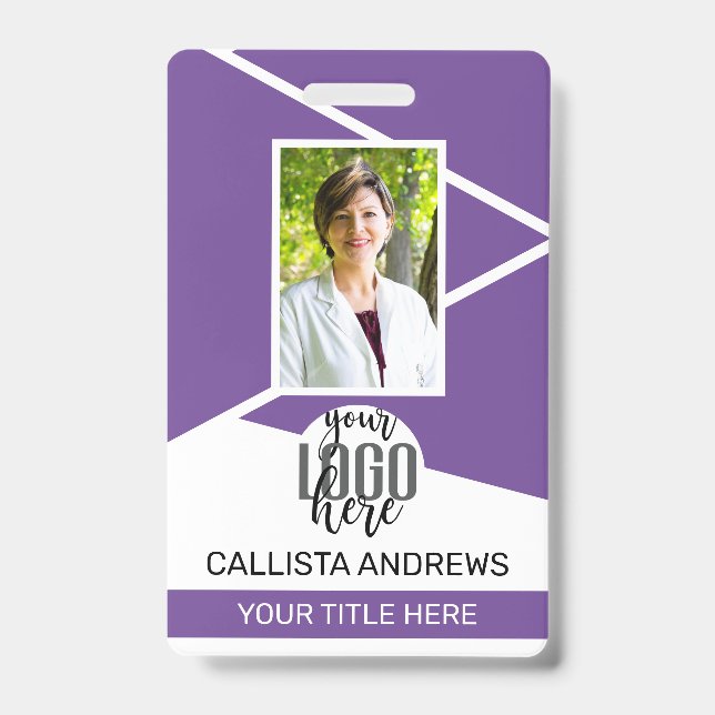 Employee Name Title Barcode Logo Purple Geo ID Badge (Front)