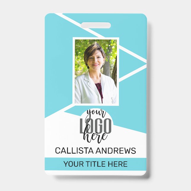 Employee Name Title Barcode Logo Teal Geo ID Badge (Front)