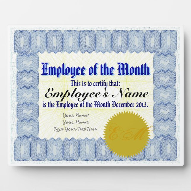 Employee of the Month Certificate Plaque (Front)