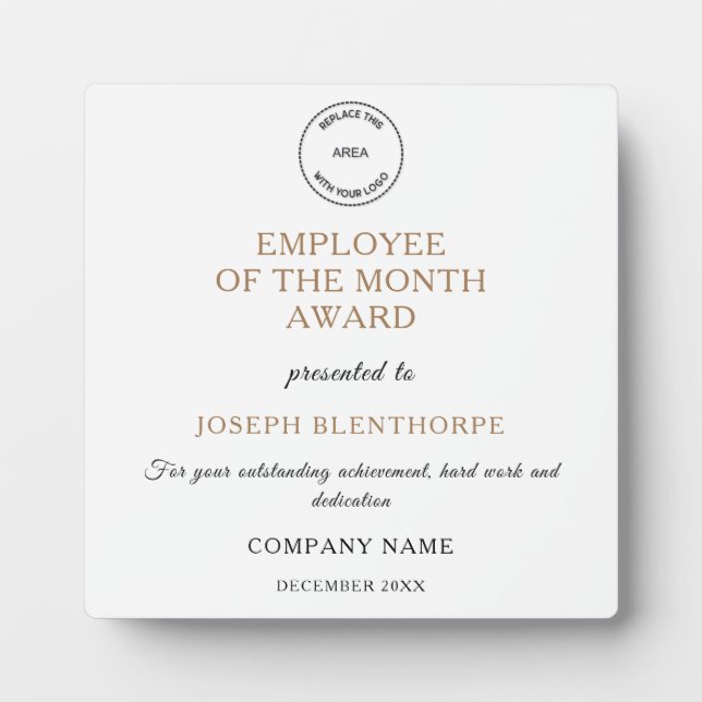Employee of the Month Typography Gold Black Logo Plaque (Front)