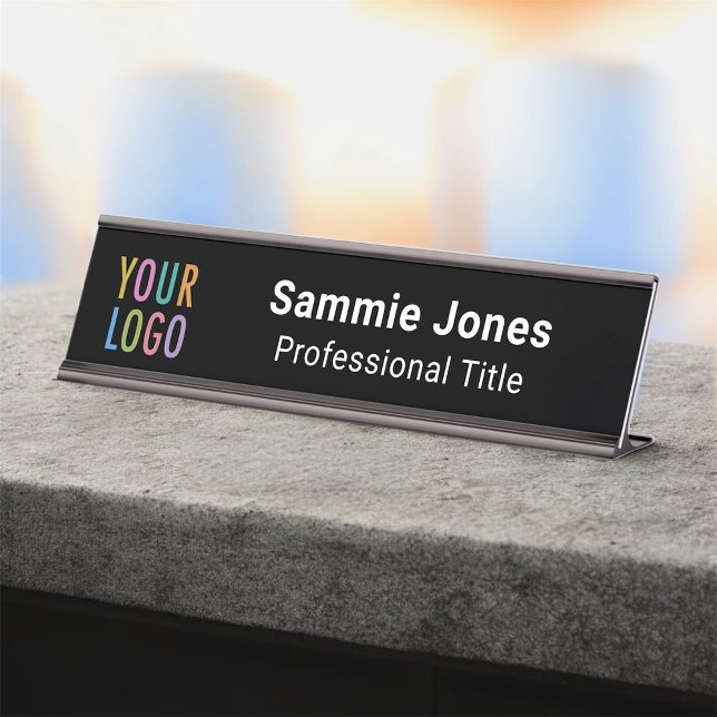 Employee Office Desk Nameplate Business Logo Black (Black Name Plate with Logo)