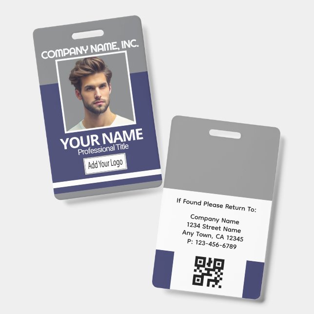 Employee Photo Badge-Gray, White, Navy Blue ID Badge (Front & Back)