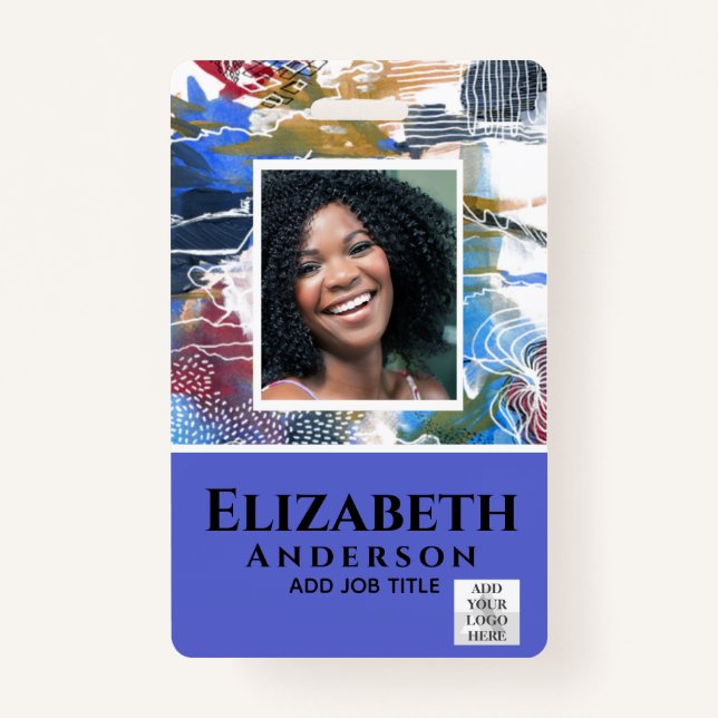 EMPLOYEE PHOTO BADGE QR Code Barcode Abstract Blue ID Badge (Front)