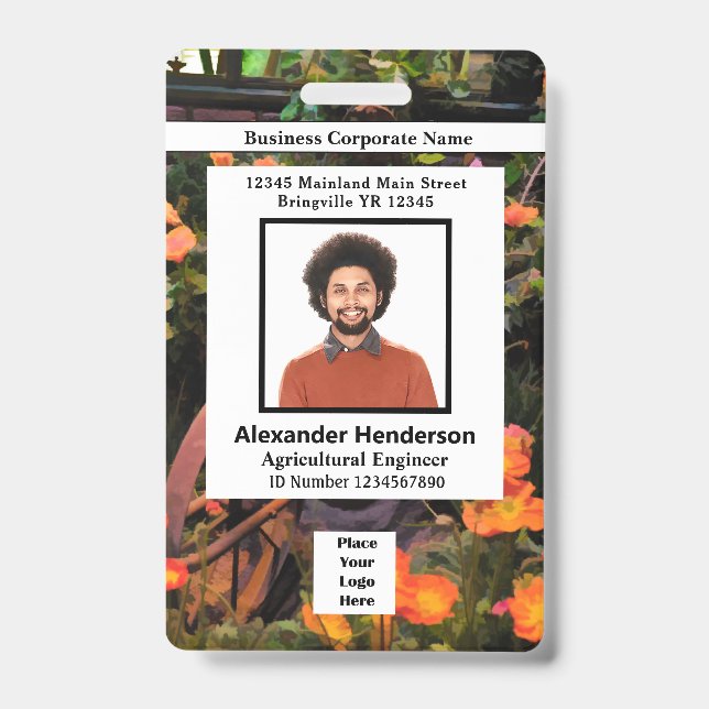 Employee Photo Bar Code Logo Name Flowers ID Badge (Front)