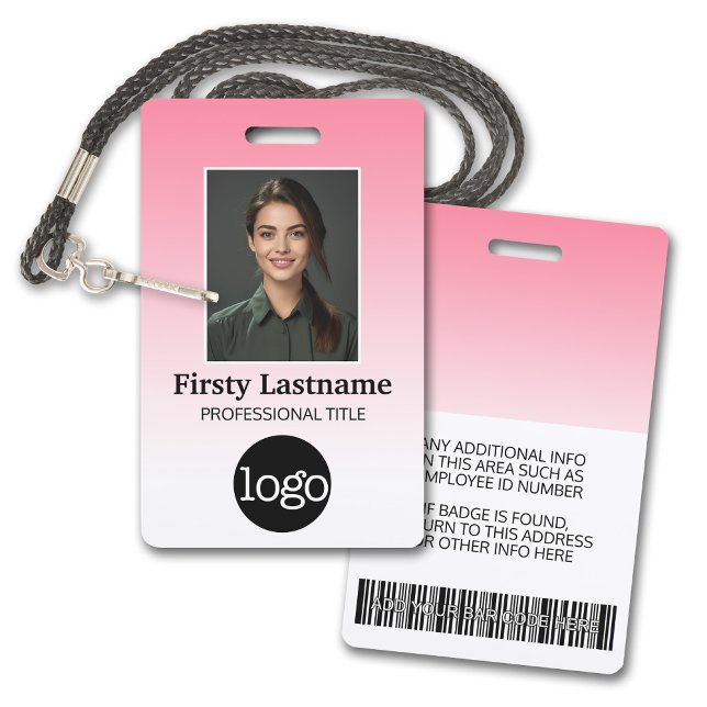 Employee - Photo, Bar Code, Logo, Name Gradient ID Badge (Employee Badge with Gradient Background. Add a photo and logo to this name tag with pink accents.)