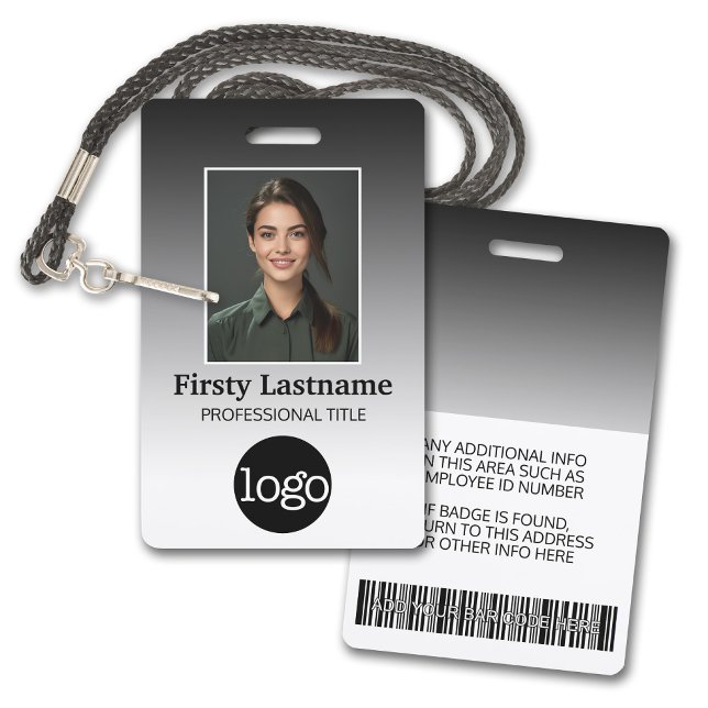 Employee - Photo, Bar Code, Logo, Name Gradient ID Badge (Employee Badge with Gradient Background. Add a photo and logo to this name tag with black accents.)
