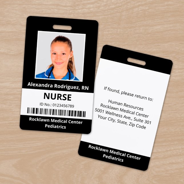 Employee Photo Barcode Black White Medical ID ID Badge (Employee Photo Barcode Black White Medical ID Badge, front/back)
