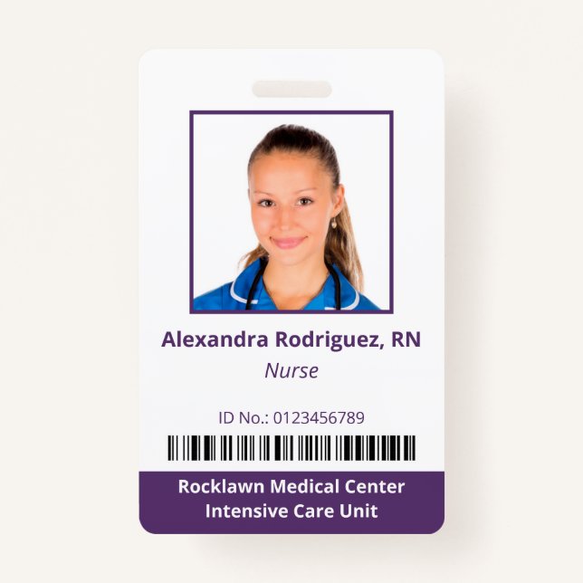 Employee Photo Barcode White Purple Hospital ID ID Badge (Front)