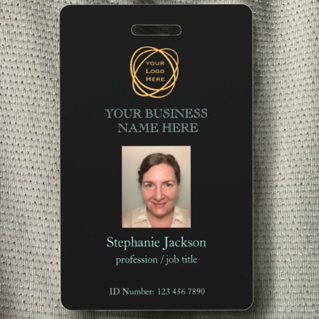 Employee Photo Company Logo QR Code Black Teal    ID Badge (Customize this professional name tag with your logo, QR code, business details, and Photo ID badge.)