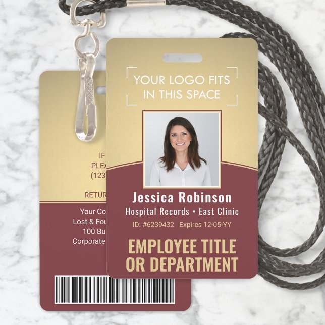 Employee Photo ID Barcode Logo Burgundy Gold Curve Badge (Creator Uploaded)