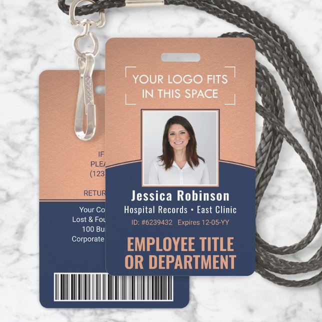 Employee Photo ID Barcode Logo Copper Navy Curve Badge (Creator Uploaded)