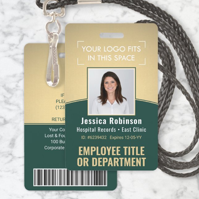 Employee Photo ID Barcode Logo Green & Gold Curve Badge (Creator Uploaded)