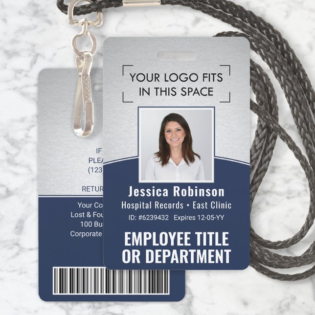 Employee Photo ID Barcode Logo Navy Silver Curve ID Badge (Creator Uploaded)