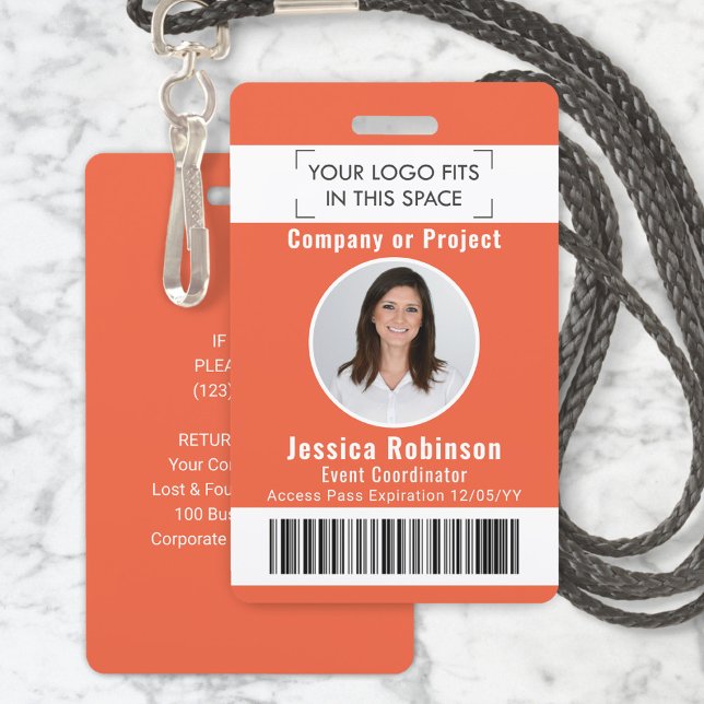 Employee Photo ID Barcode Logo Orange Access Pass ID Badge (Creator Uploaded)