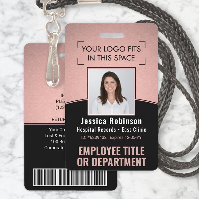 Employee Photo ID Barcode Logo Pink & Black Curve ID Badge (Creator Uploaded)