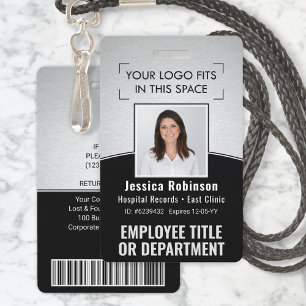Employee Photo ID Barcode Logo Silver Black Curve ID Badge