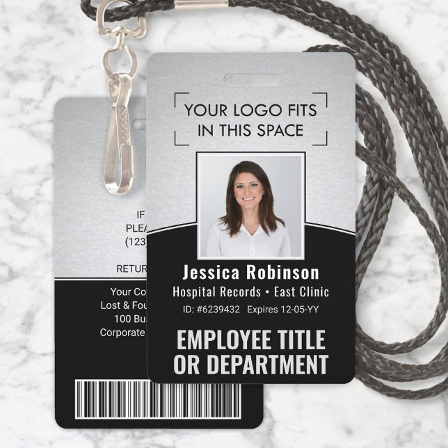 Employee Photo ID Barcode Logo Silver Black Curve ID Badge (Creator Uploaded)
