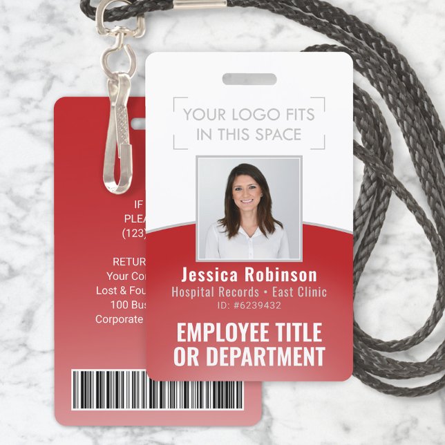 Employee Photo ID Barcode Your Logo Red Curve Badge (Creator Uploaded)
