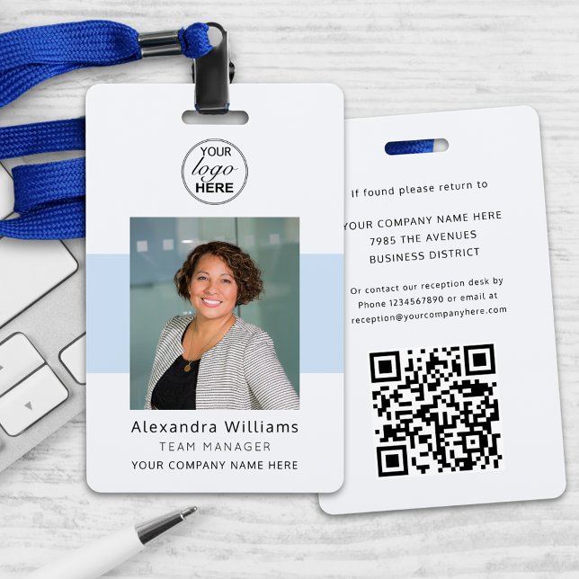 Employee Photo ID Company Logo QR Code Security ID Badge (Personalized employee attendee photo id company event logo qr code security badge Modern black blue)