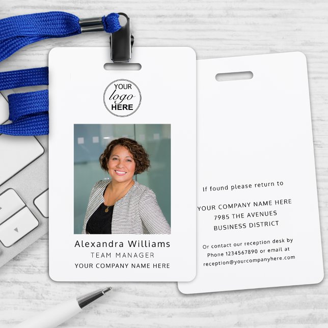 Employee Photo ID Corporate Logo Security ID Badge (Modern employee photo id company logo security badge for lanyards simple black and white design)