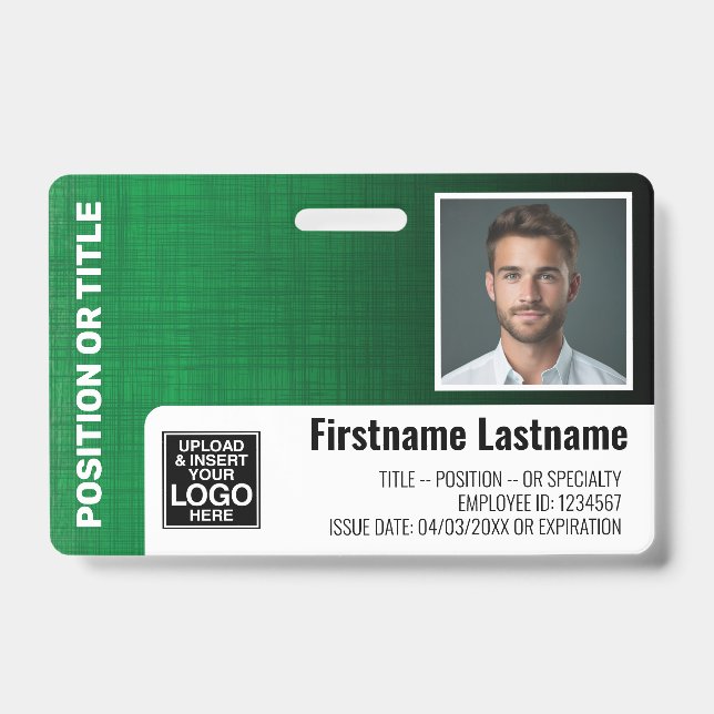 Employee Photo ID logo bar code modern linen green Badge (Front)