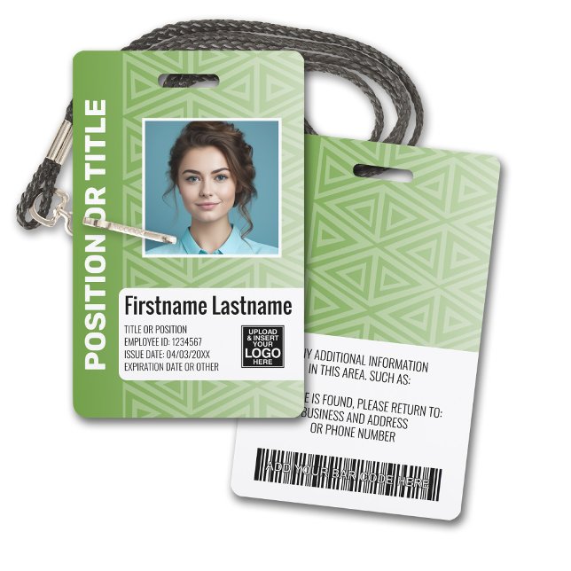 Employee Photo ID - modern tribal, logo bar code Badge (Plastic ID Badge - Customize with Employee Photo and Credentials. Green Tribal Pattern Accents)