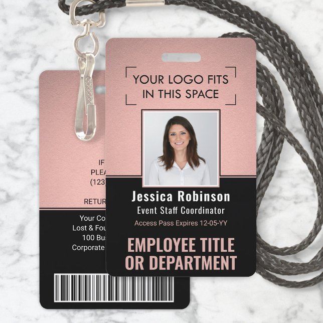 Employee Photo ID QR Barcode Logo Pink Rose Gold ID Badge (Creator Uploaded)