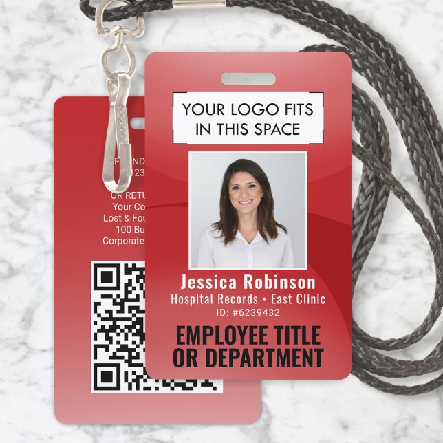 Employee Photo ID QR Barcode Your Logo Red Arc ID Badge (Creator Uploaded)