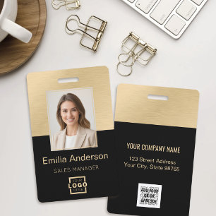 Employee Photo ID QR Code Logo Black Brushed Gold Badge