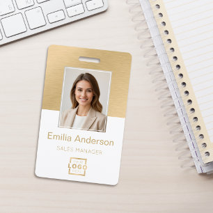 Employee Photo ID QR Code Logo White Brushed Gold ID Badge