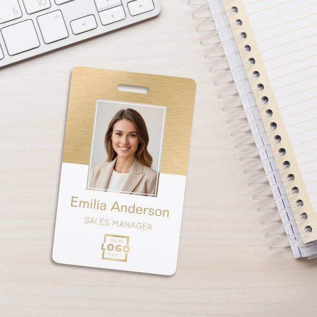 Employee Photo ID QR Code Logo White Brushed Gold ID Badge (Creator Uploaded)