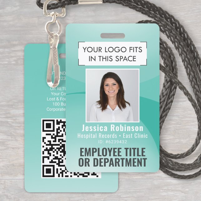 Employee Photo ID QR Code Your Logo Teal Blue Arc Badge (Creator Uploaded)
