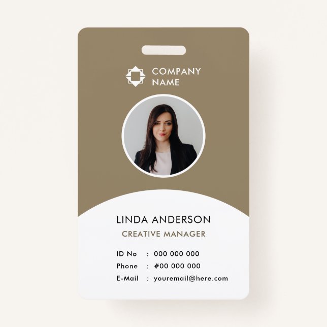 Employee Photo ID White Brown Company Logo Classy ID Badge (Front)