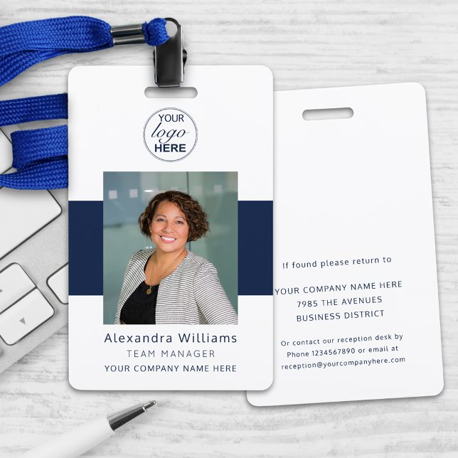 Employee Photo ID Your Logo Here Security Badge (Employee photo id company logo security badge modern navy blue and white )