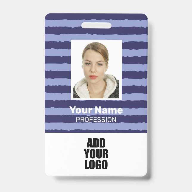 Employee Photo Logo & Barcode Blue Stripes Badge ID Badge (Front)