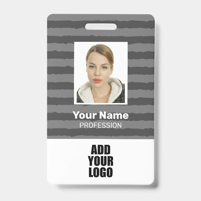 Employee Photo Logo & Barcode Grey Stripes  ID Badge (Front)
