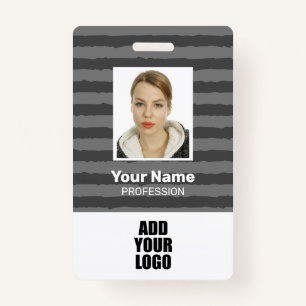 Employee Photo Logo & Barcode Grey Stripes ID Badge